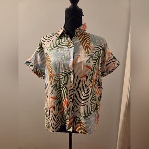Tahari Multicolor Leaf Print Button Down Shirt